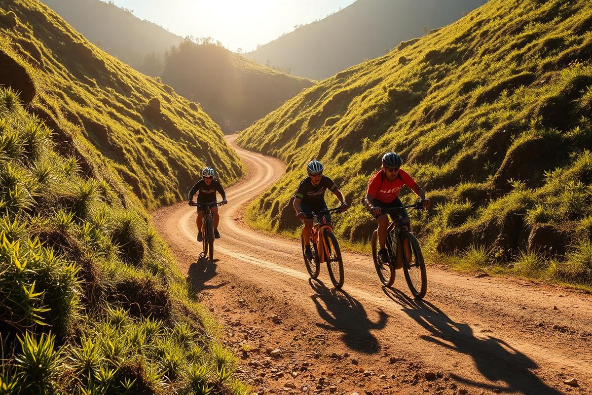 Ciclistas de mountain bike em estrada de terra de Joaquim Egídio